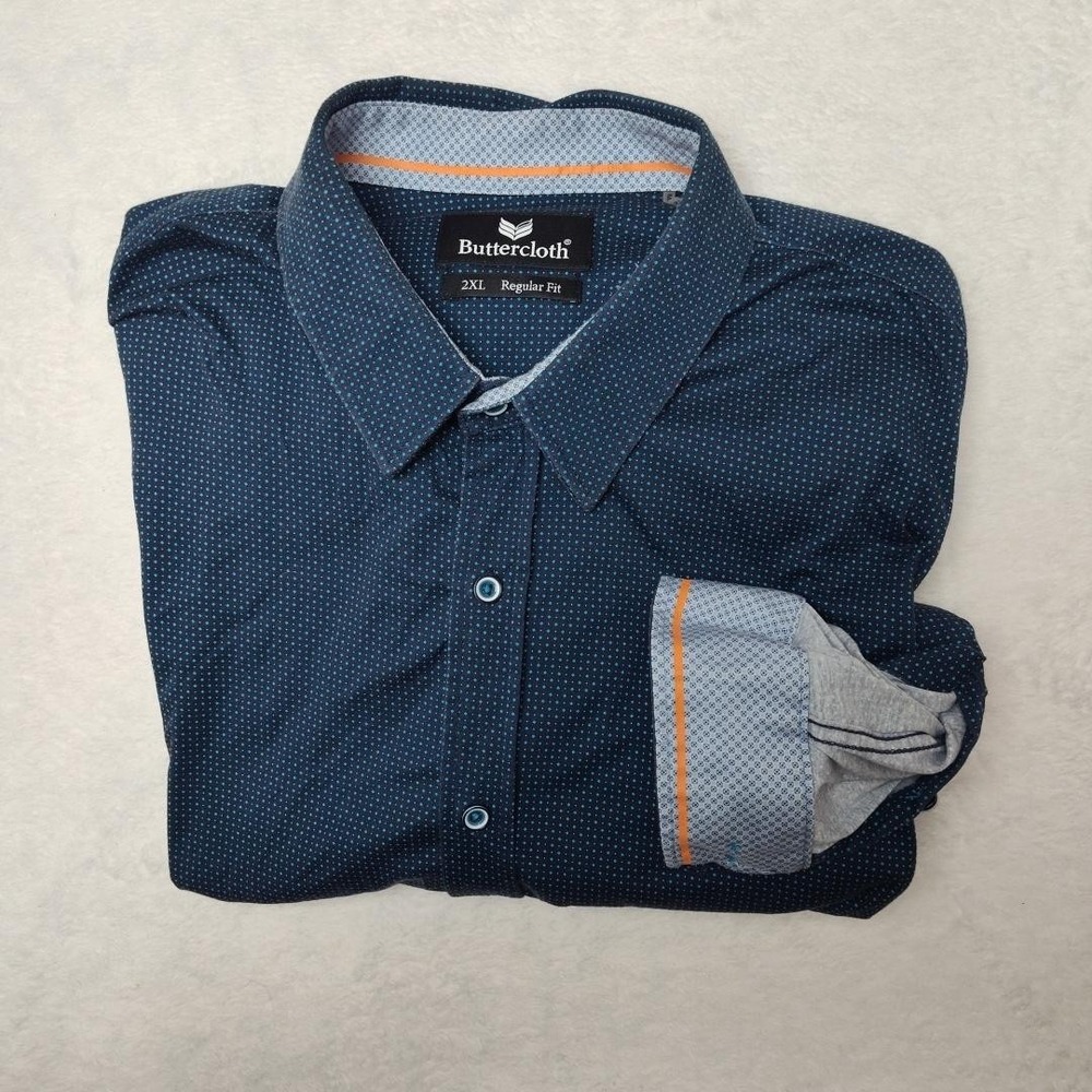 Buttercloth Shirt Mens 2XL Blue Micro Dot Long Sleeve Button Front Regular Fit